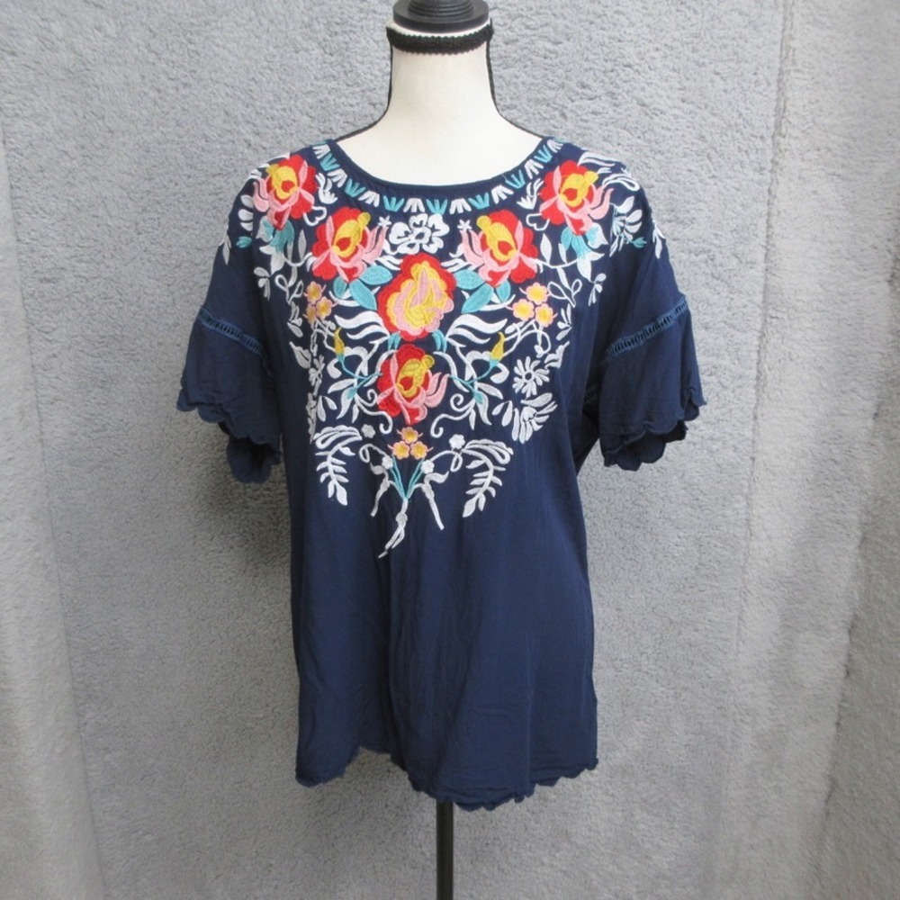 Misslook Embroidered Floral Top Women XL Navy Blue Boho Peasant Romantic Cottage